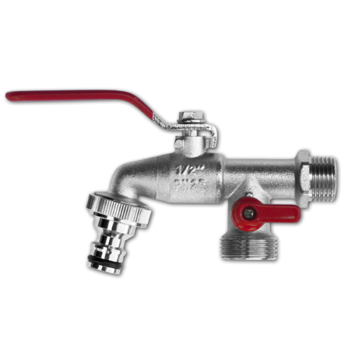 Кран кульовий 1/2" латунний нікельований з додатковим виходом, GKK0512