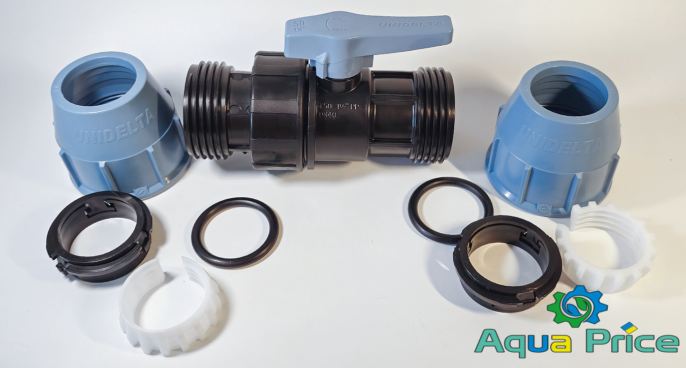 Части крана Unidelta в разобранном виде Элементы крана шарового Unidelta в разобранном виде