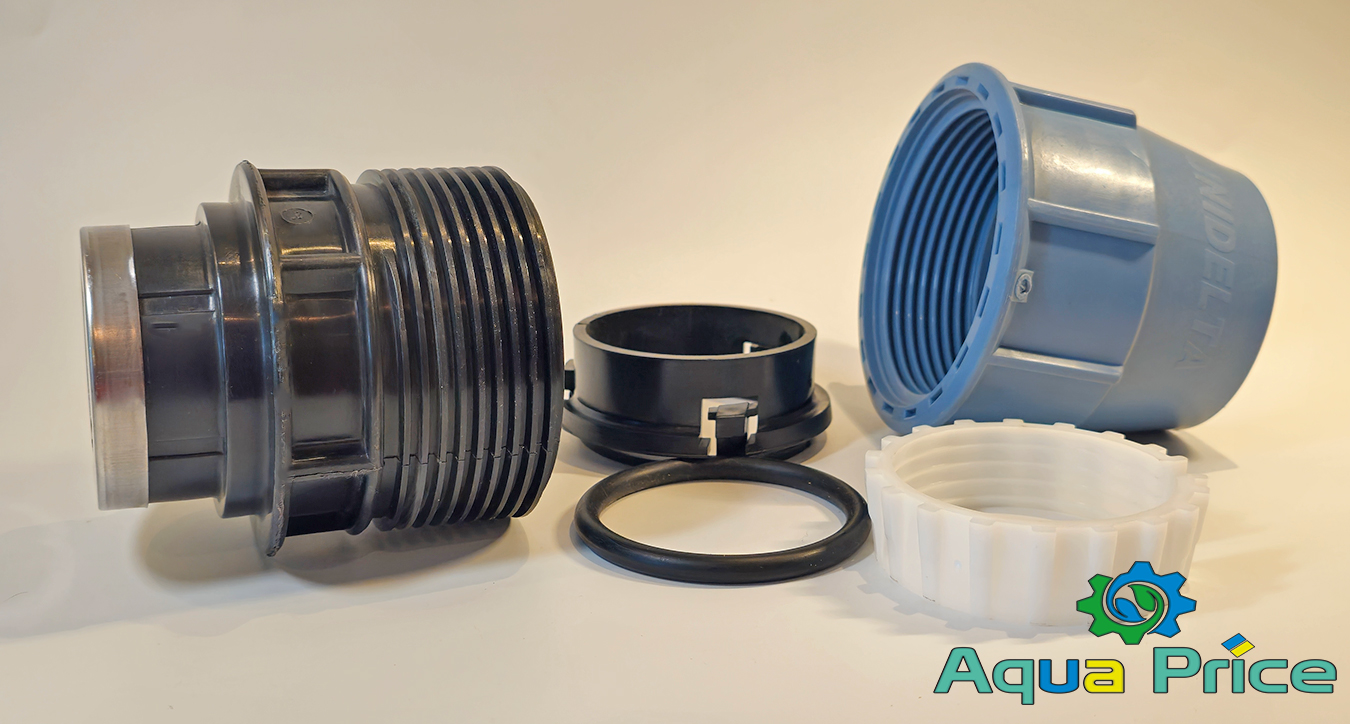 Детали муфты 110-мм с внутренней резьбой 3" komponenty-mufty-110-s-vnutrennej-rezboj-3-unidelta-dlya-polietilenovykh-trub