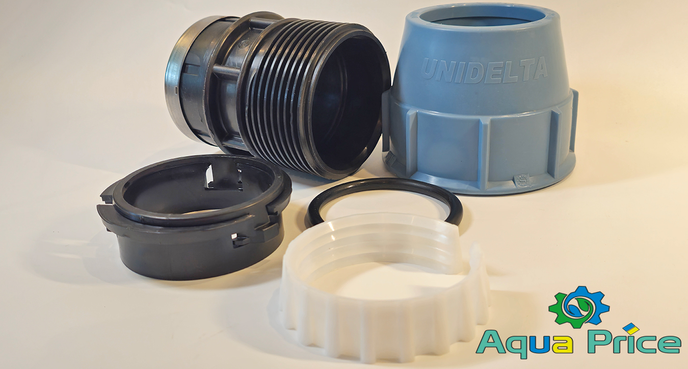 Детали муфты в разобранном виде Элементы Муфты 110 с внутренней резьбой 4" ВР Unidelta для пнд труб