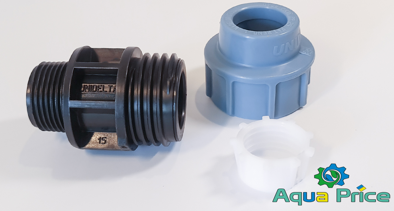 Елементи Муфти 25-1" ЗР Unidelta у розборі Деталі Муфти 25-1" ЗР Unidelta із зовнішнім різьбленням Unidelta для пнд труб