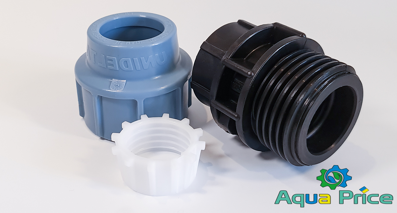 Элементы муфты 32-1" ВР Unidelta в разобранном виде Детали Муфты 32-1" ВР Unidelta с внутренней резьбой для пнд труб