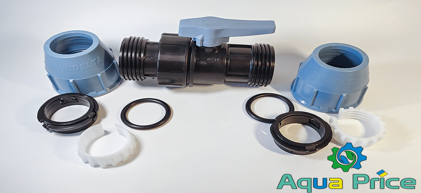Кран пластиковый 63-63 ПЭ Unidelta в разобранном виде