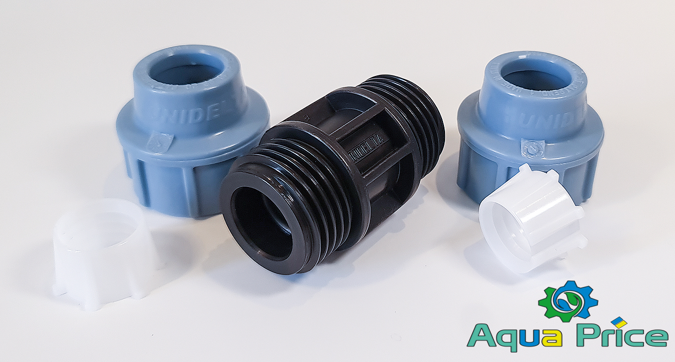 Муфта 25 мм у розібраному вигляді Компоненти Муфти 25 мм з'єднувальної Unidelta для пнд труб