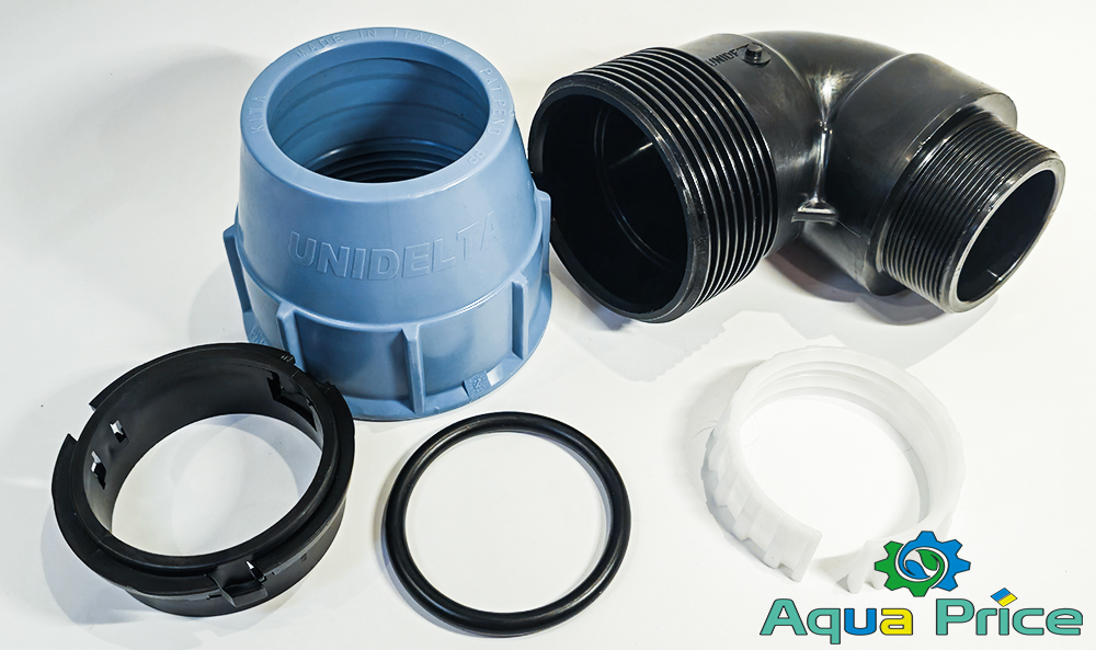 Обзор деталей угла (колена) 90 мм 4 наружная резьба Unidelta с поворотом 90°