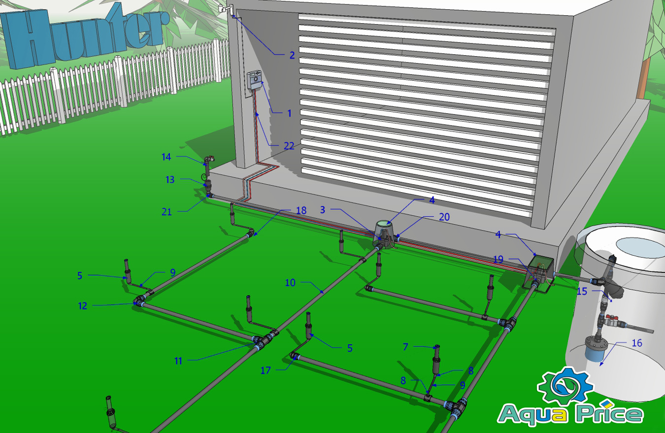 схема расположения элементов набора на 6 зон в системе автополива