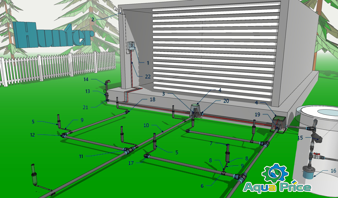 схема монтажа комплекта оборудования для автоматического полива на 8 зон