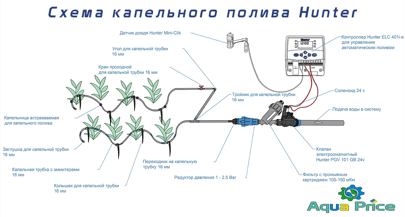 схема капельного полива на автоматике Hunter