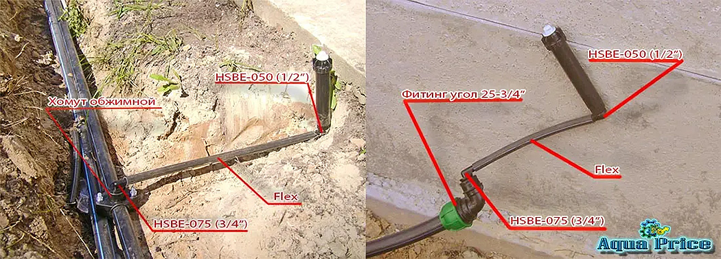 Соединение дождевателя к трубе обжимным хомутом